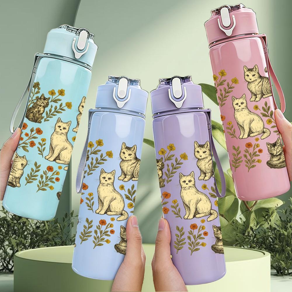 1PC Multiple Cat Collection Print 750ml Color Plastic Sports Water Bottle Leakproof Flip Straw Lid Suitable for Sports Office Home Use