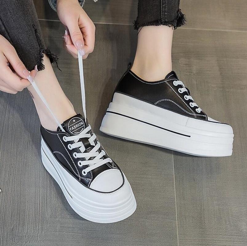 2024 8cm Echtes Leder Vulkanisiert Sommer High Brand Bequem Frühling Herbst Plateau Vulkanisiert Damen Klobiger Sneaker Slipper Schuhe