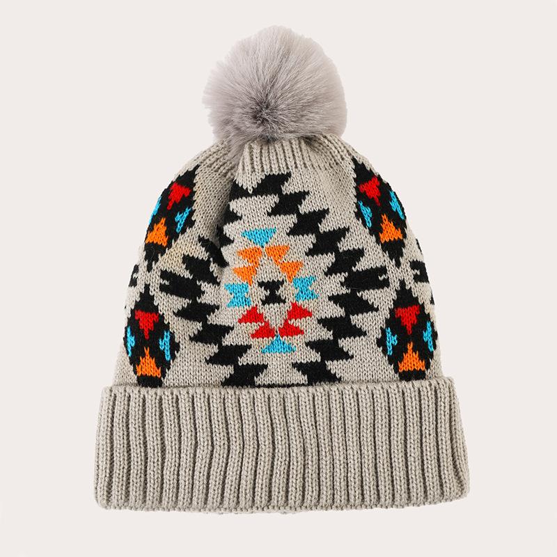 Hat Women's Winter Bohemian Colorful Plaid Jacquard Knitted Hat Imitation Hairball Warm Wool Hat