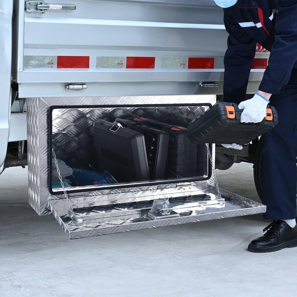 Underbody Truck Box, 30"×14"×16" Pickup Storage Box, Heavy Duty Aluminum Diamond Plate Tool Box with Lock and Keys, Waterproof Trailer Storage Box