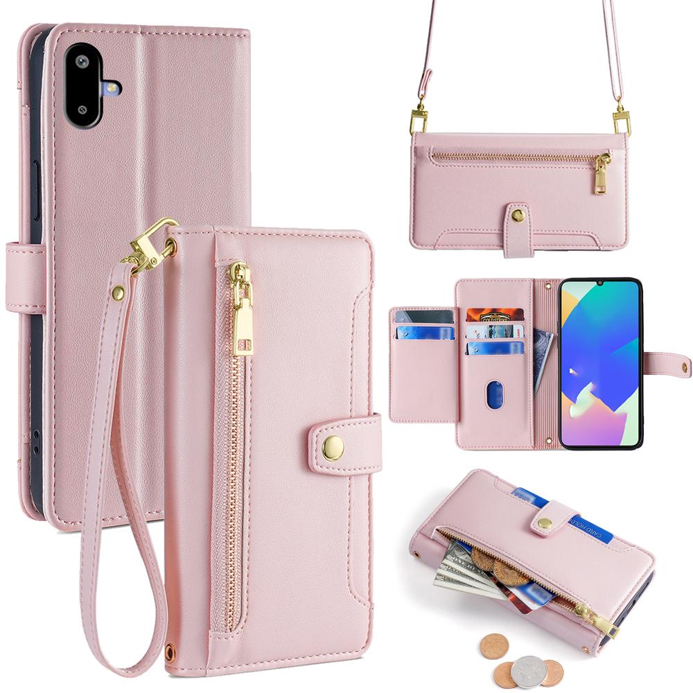 For Samsung Galaxy F06 5G Leather Case Zipper Pocket Wallet Phone Cover with 2 Straps