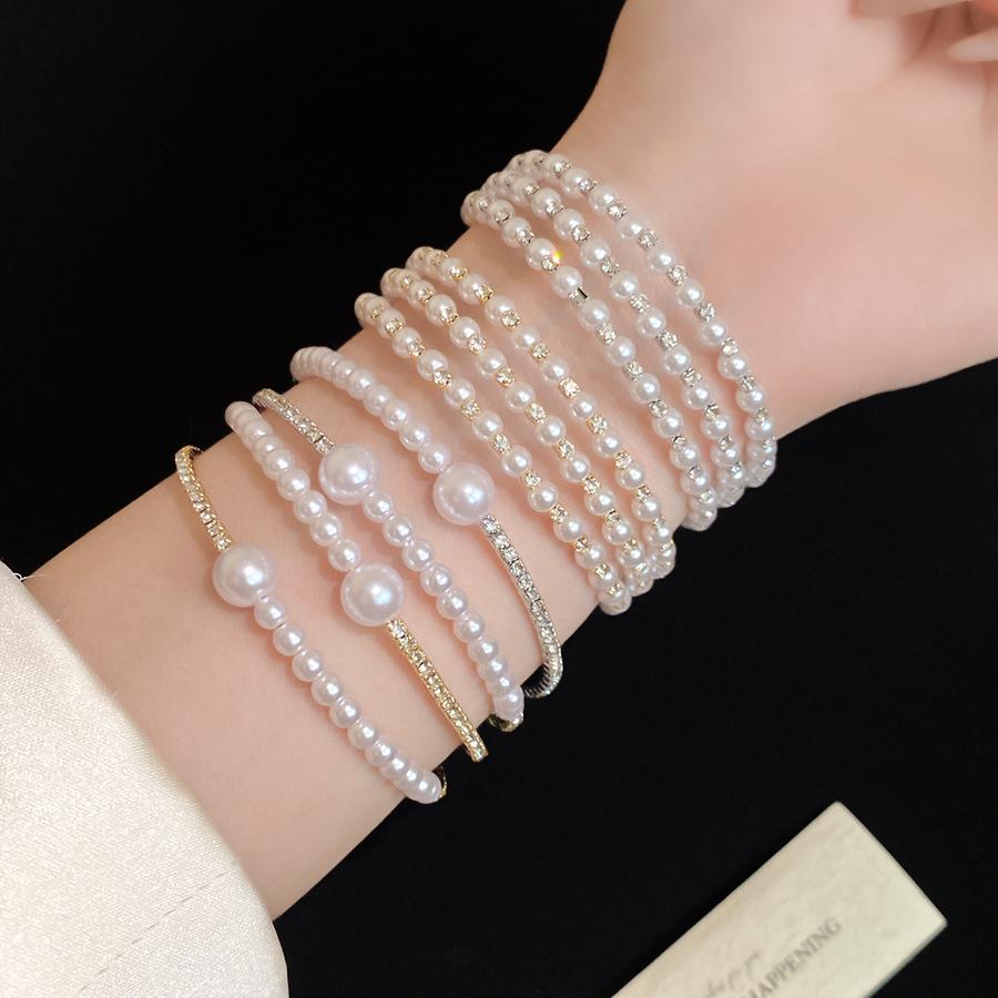 Iridescent Pearl and Diamond Multi-Layer Open Cuff Bracelet - Exquisite European and American Design