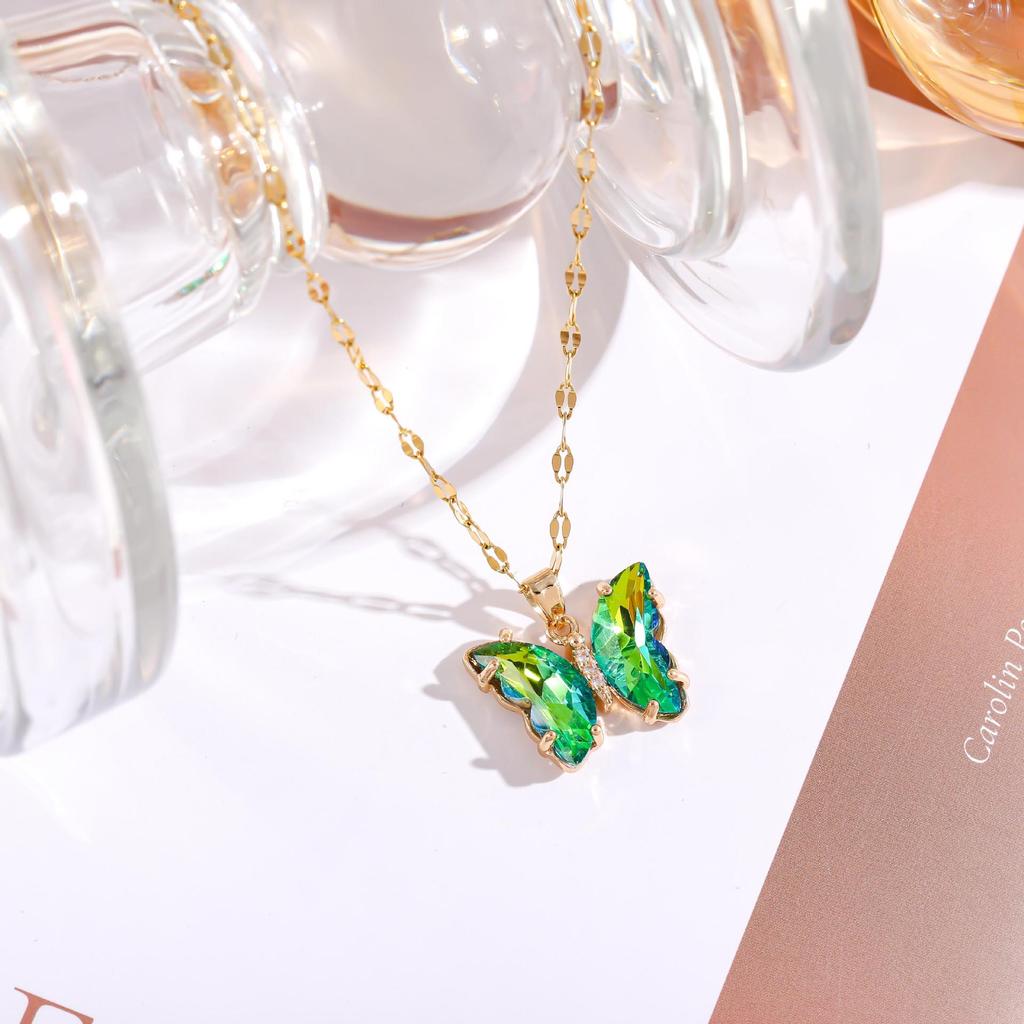 Iridescent Gradient Butterfly Necklace with Zirconia Rhinestones - Titanium Steel Clavicle Chain Pendant.