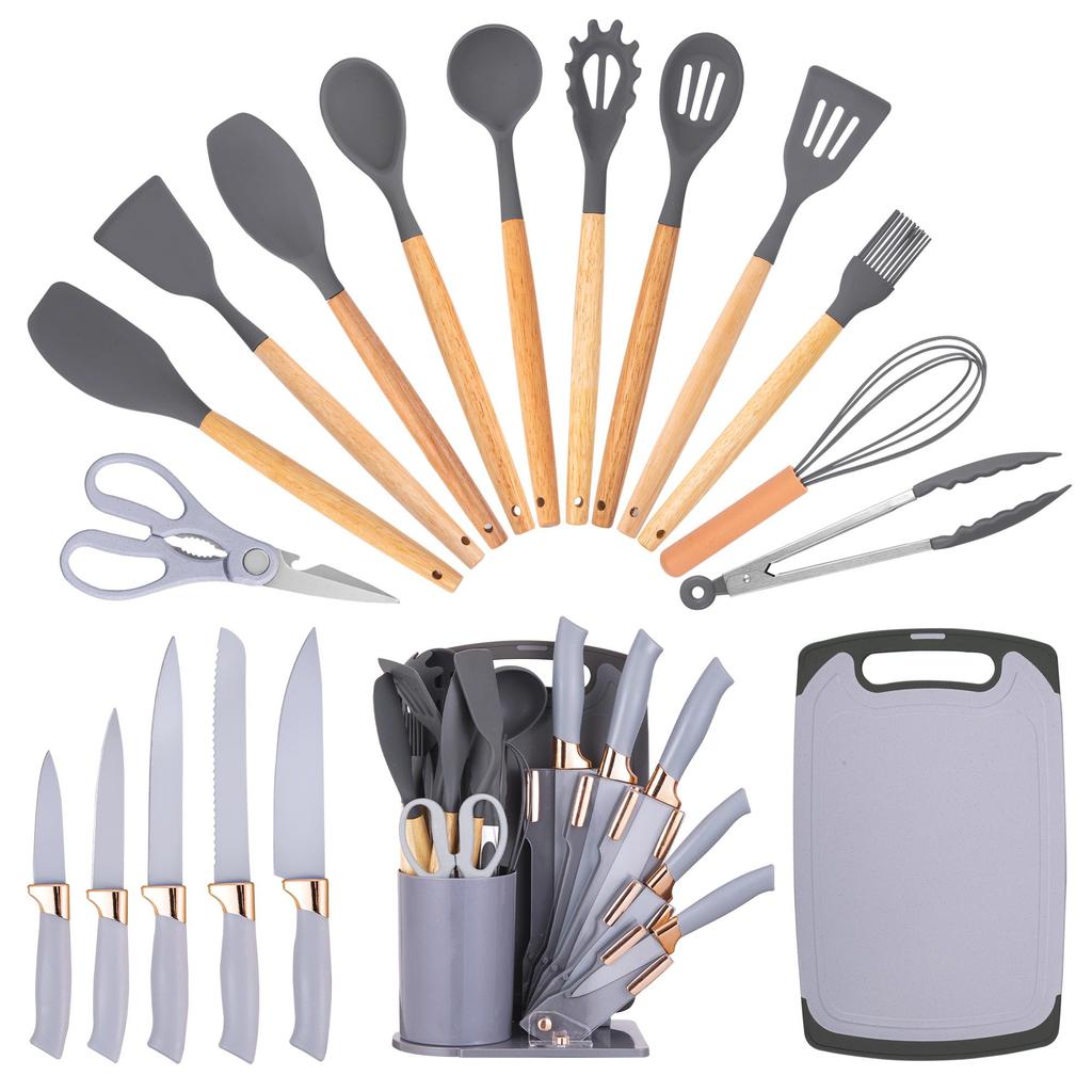 19pcs Premium Silicone Kitchen Utensil & Knife Set - Heat-Resistant, Non-Stick Safe Cooking Tools With Wooden Handles & Chef Knives