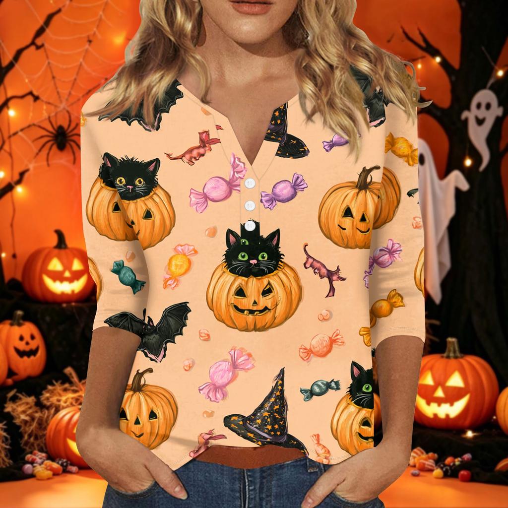 Women's Casual Halloween Print V-Neck Short Sleeve T-Shirt with Decorative Buttons