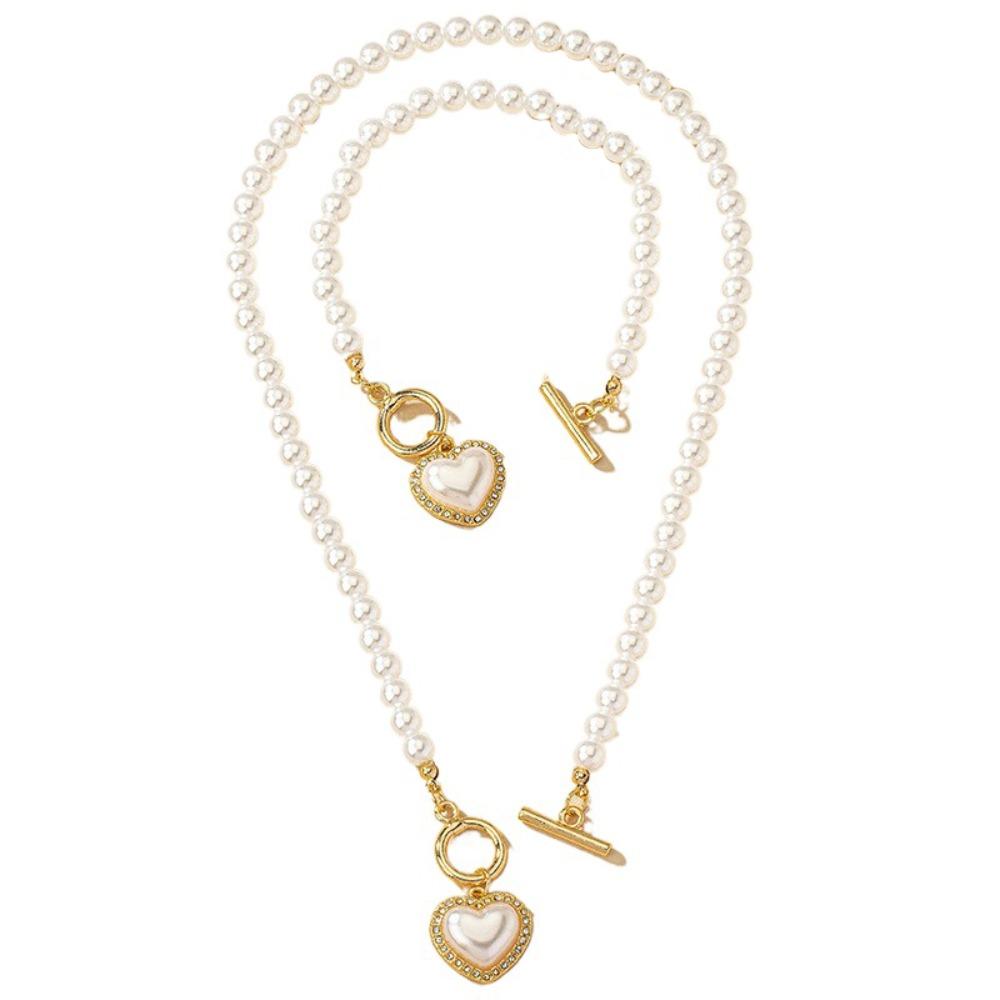 Beaded Heart Pendant Jewelry Set Crystal Pearl Necklace Set Necklace Bracelet Set  Wedding Party