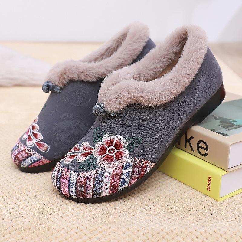Womens Slip on Winter Shoes Thickened Warm Lined Cushioned Sole Floral Pattern Low Heel Round Toe Ankle Boots with Plush Lining