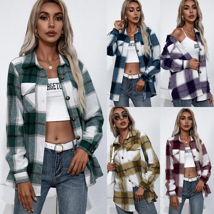 Cashmere Shirt Thick Plaid Women Cardigan Fall Winter Turn Down Collar Single Breasted Top S M L XL