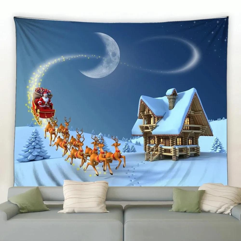 Christmas Tree Sleigh Cabin Snowman Tapestry Bedroom Living Room Home Christmas Decoration Tapestry