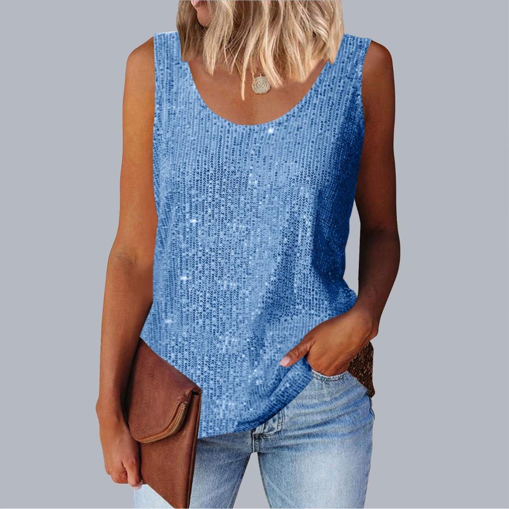 Women's Top, Commuting Sequins, Loose Fitting, Round Neck Vest, Comfortable and Casual