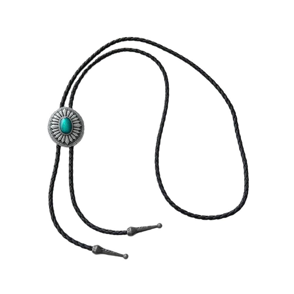 PU Woven Rope Turquoise Bolo Tie Western Country Style Brass Carved Flowers Necktie  Gift