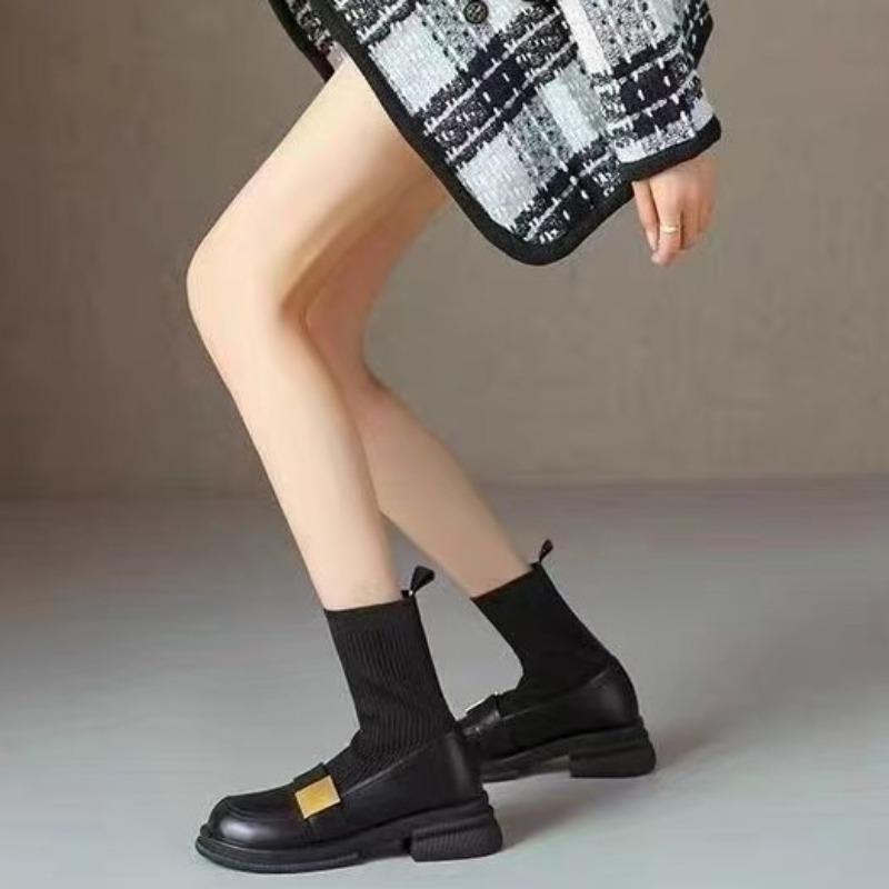

Retro brown soft leather round head thick-soled knitted socks boots women s versatile metal buckle muffin elastic fashion boots 40