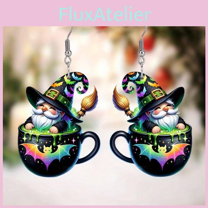 Halloween Themed Tea Cup Wizard Pattern Women Acrylic Earrings For Party And Festive Wear