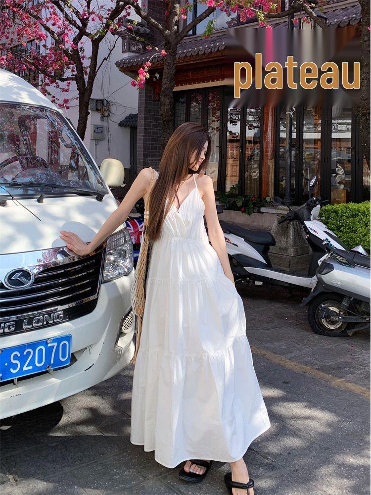 Elegant 2026 Summer White French Fairy Strappy Beach Dress - Women's Slimming Long Skirt