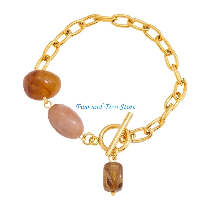 HX6F Stylish Pattern Bracelet Mixing Resin Colors With Stainless Steel Everyday Jewelry
