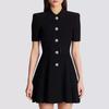 Bajiya 2025 Black A-line Knit Dress with Lapel for Women - European/American Spring/Summer Fashion