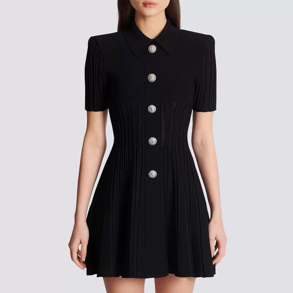 Bajiya 2025 Black A-line Knit Dress with Lapel for Women - European/American Spring/Summer Fashion
