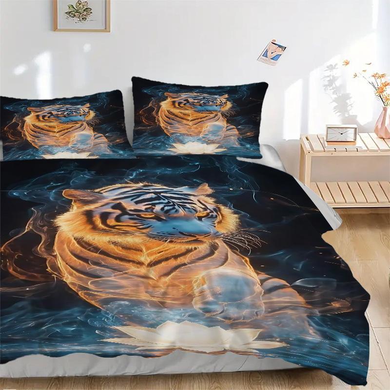 

3pcs Tiger Spirit Lotus Duvet Cover Set -Includes 1 Duvet Cover and 2 Pillowcases, No Quilt Core, All-Season Home Decor yy251111130 135x200cm