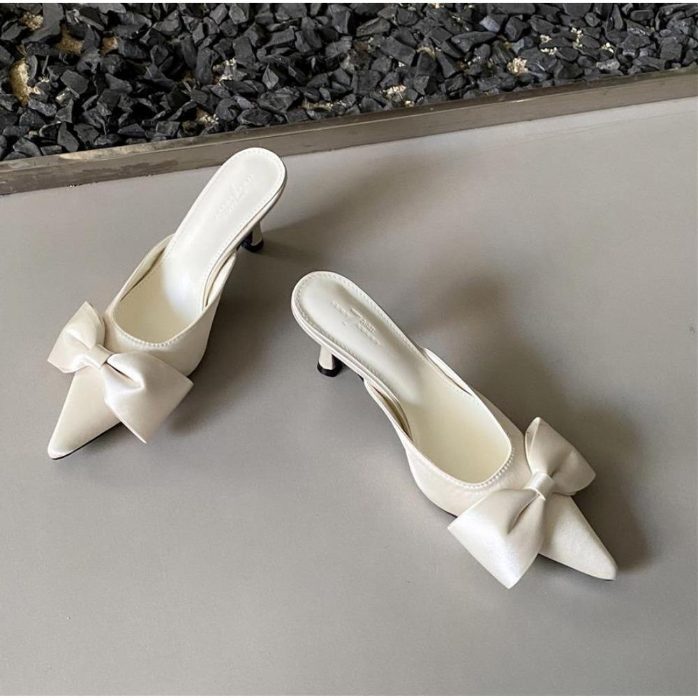 New Bowtie Mule Shoes Slides Women Pointed Toe Stripe Wave Slip-on Sandals Ladies Luxury Satin Silk Outdoor Flat Slippers