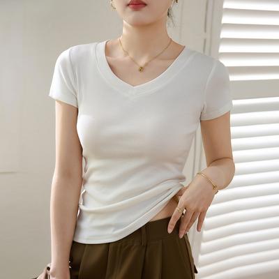 V-neck T-shirt Women's Short Sleeved 2024 Summer New Slimming Top Base Shirt