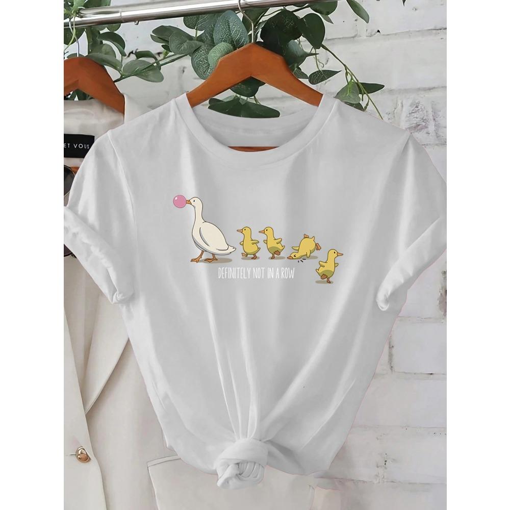 Ladies' Cute Duck Arrangement Printed Pattern T-shirt Casual Round Neck Short Sleeve Top Casual Summer Women's Clothing