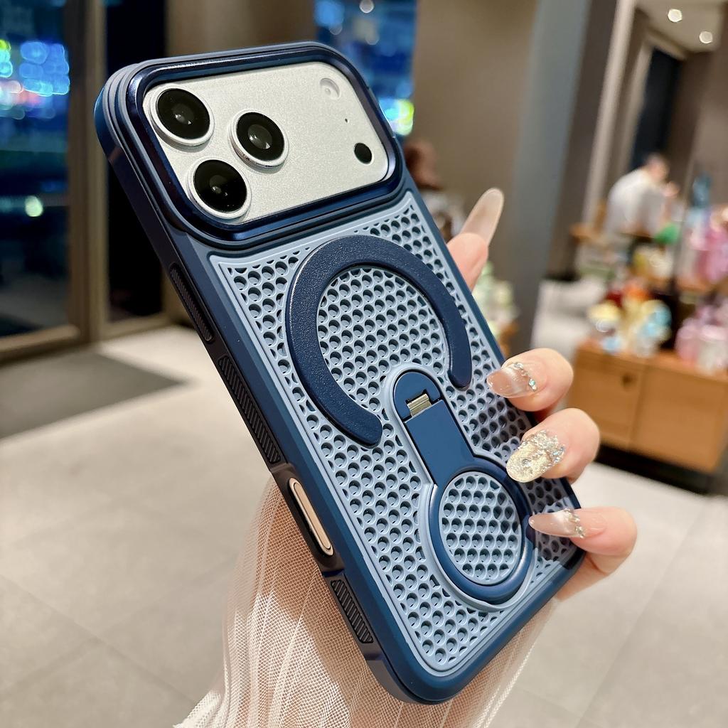 Luxury 360° Rotate Phone Case for iPhone 17 Air 16 15 14 Plus 13 12 11 Pro Max for Magsafe Mesh Heat Dissipation Stand Cover