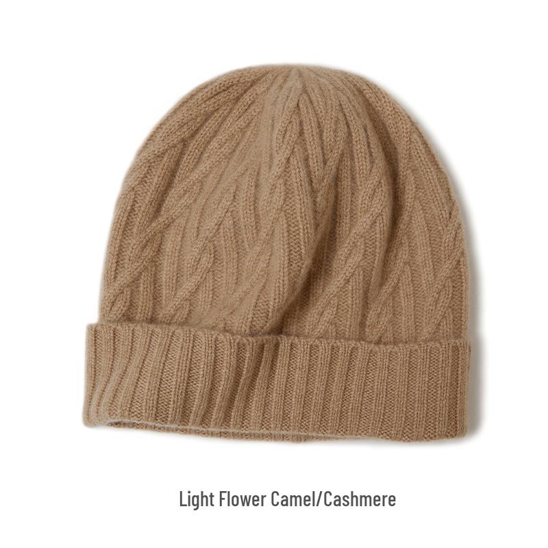 Women's Warm Cable Knit Turn-up Hat - Pure Cashmere, Ear Protection, Windproof, Solid Color for Autumn/Winter