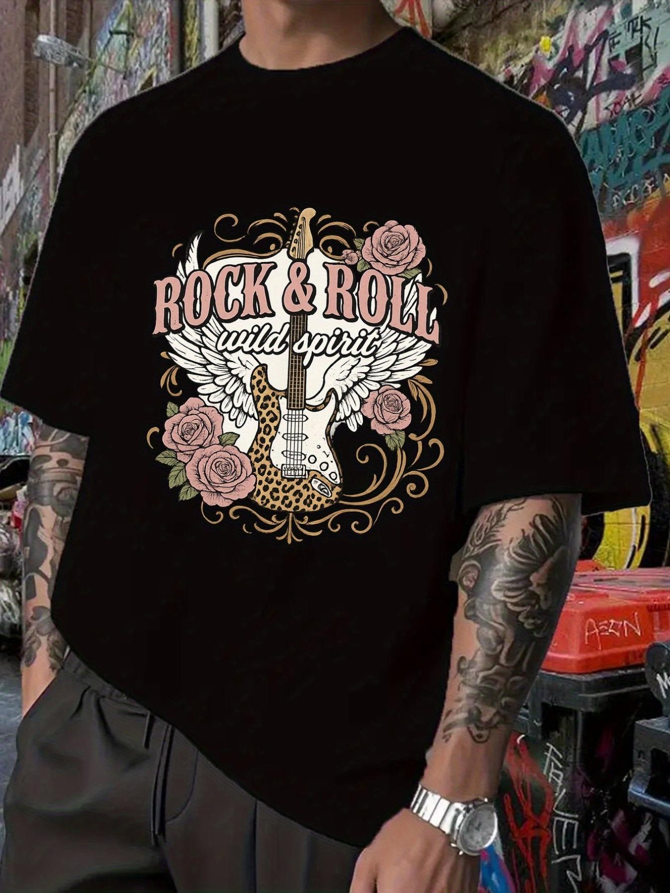 

Rock & Roll Spirit Graphic T-shirt - Black Casual Crew Neck Tee with Electric Guitar & Roses Design S