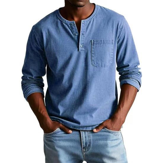Maglietta da uomo Girocollo Bottoni Colletto Manica Lunga T-shirt con Taschino Frontale Tinta Unita Vestibilità Slim Top Casual