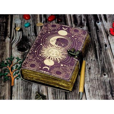 Sole e luna Diario in pelle fatto a mano Carta con bordo sfrangiato, Libro degli incantesimi vuoto diario grimorio delle ombre, regalo per lui libro da viaggio