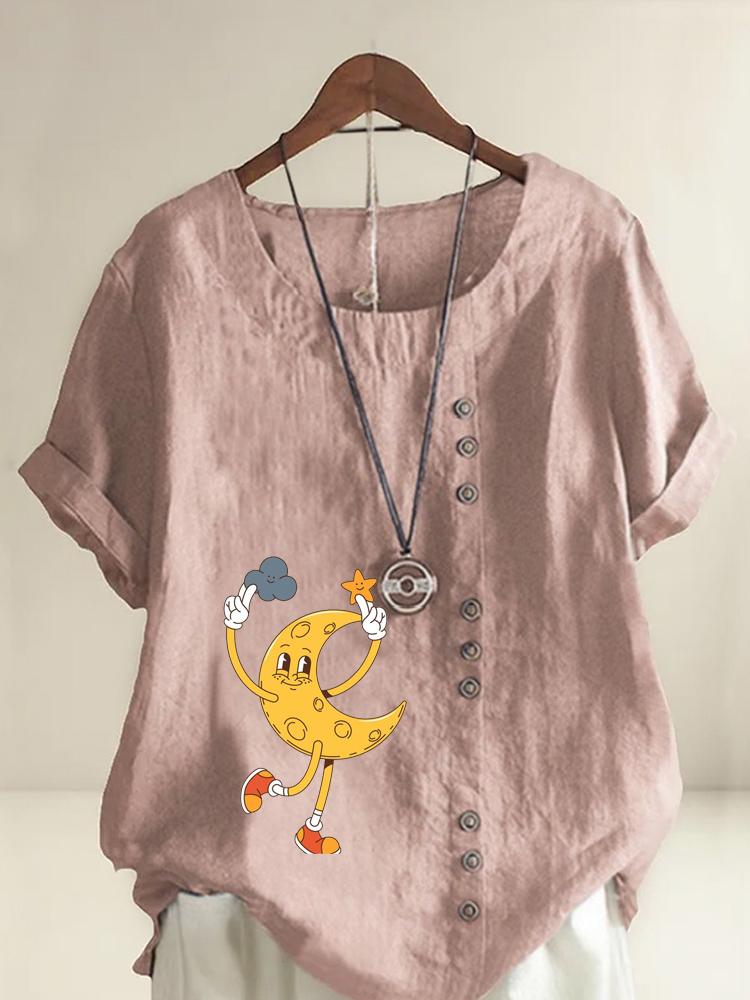 Women s Fashion Crescent Shaped Figure Printing Shot Sleeve T-shirt Loose Cotton Shirt Casual Loose Summer Blouse Tops Plus Size S розовый