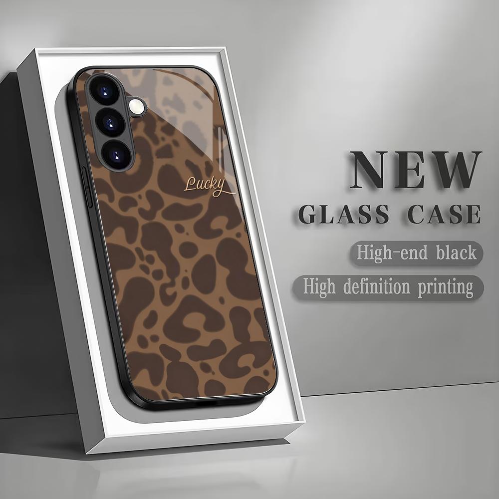 Lucky Leopard Print Black Glass Phone Case Suitable for Samsung Galaxy S26 S25 S24 S23 S22 S21 S20 FE/Ultra/Plus Anti Drop