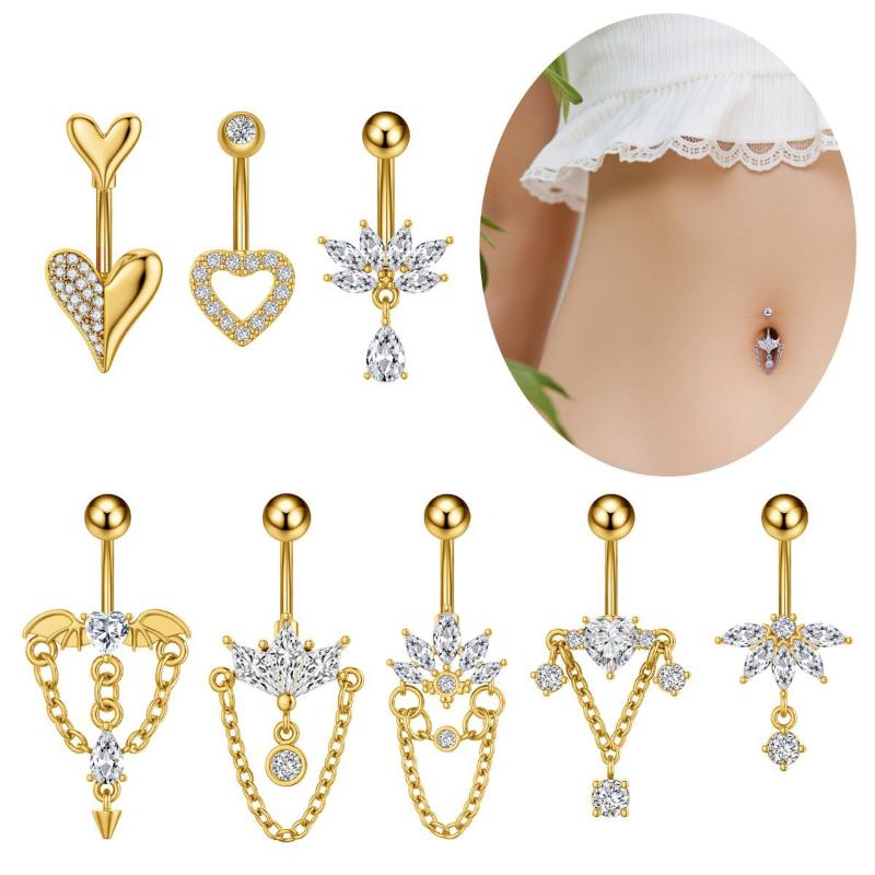 Zircon Heart Belly Button Ring For Women Girls Body Piercing Stainless Steel Navel Ring Beach Jewelry