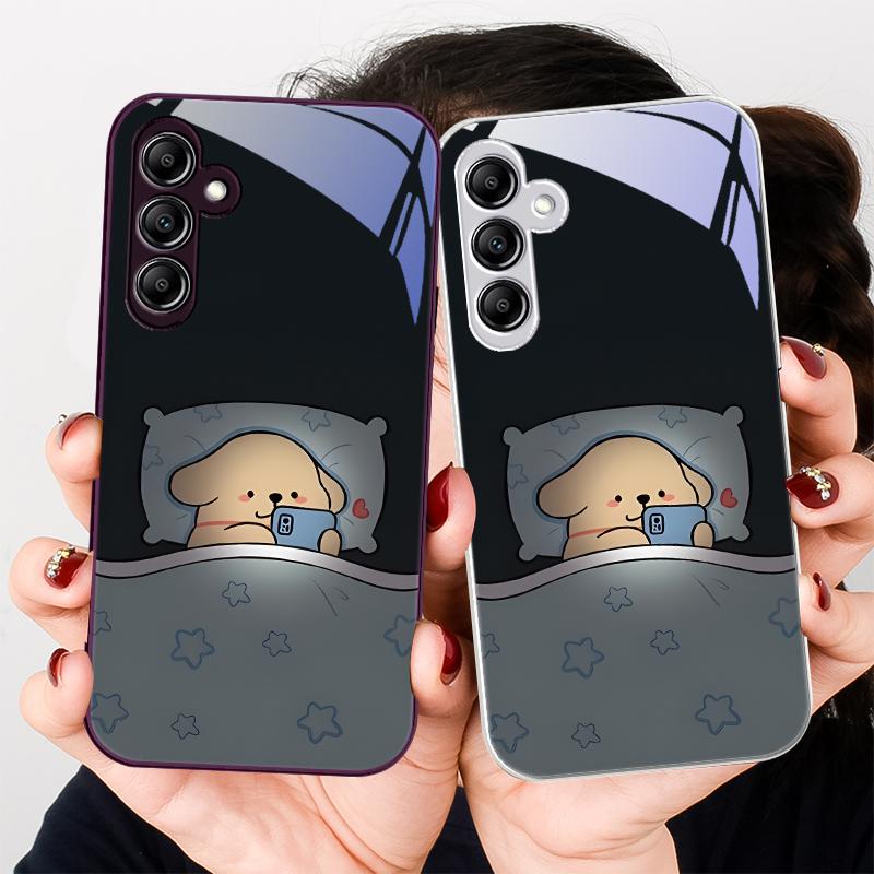 Staying Up Late Dog Male For Samsung Galaxy A01 02 03 Core A04 A14 4G A13 54 34 31 20 25 23 22 5G S21 Ultra S20 Glass Phone Case