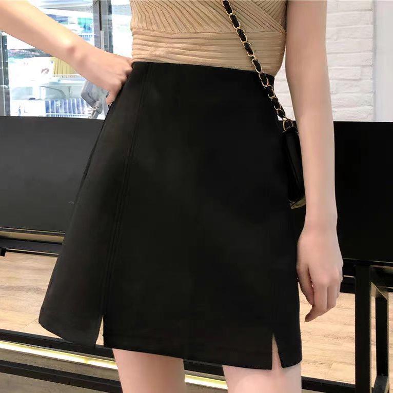 2025 High-Waist Plus Size Black Bodycon Skort - Korean Style Double Slit A-Line Midi