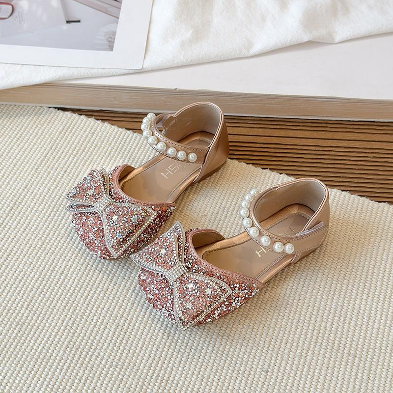 Girls' Leather Shoes New Rhinestone Single Shoes Fashionable Girls' Bow Princess Shoes Children's Toe Cap Crystal Sandals