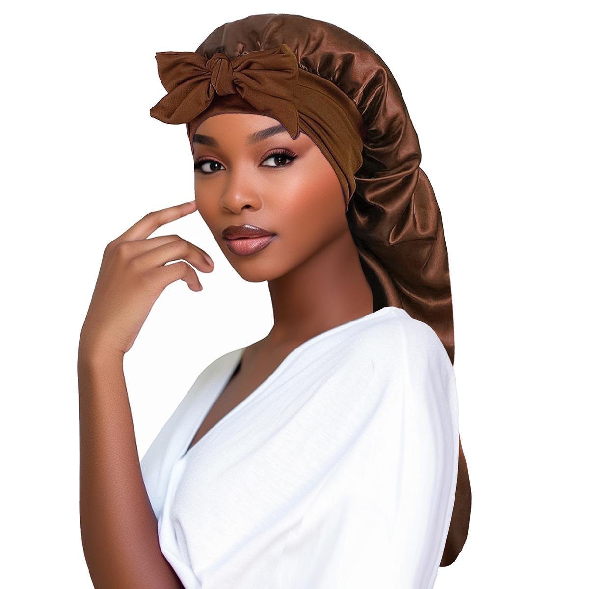 

European & American Style Satin Sleep Cap with Bow and Long Tail for Women - High Elasticity, Large Head Circumference, Hair Protection