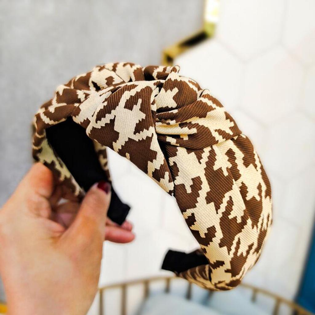 PROLY Neues Klassisches Hahnentritt-Stirnband Weicher Knoten in der Mitte Haarband Winter Warm Turban Kopfbedeckung Erwachsene Haaraccessoires