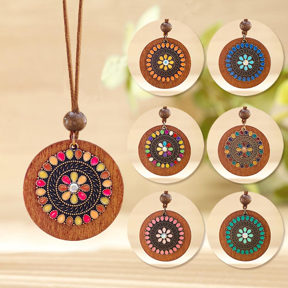 Bohemian Runder Holzscheiben-Anhänger Halsketten für Damen Ethnisch Bunt Öl-Tropfen Vintage Lederseil Halskette Damen Schmuck