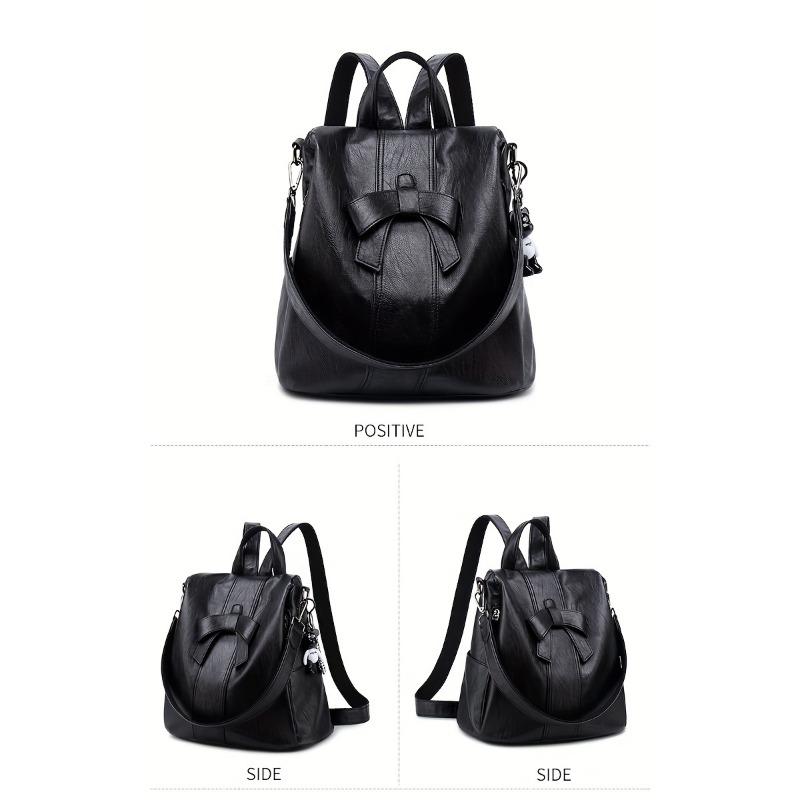 Classic Retro Bowknot Decor Backpack, Solid Color Textured Storage Rucksack, All-Match Pu Leather Storage Daily Daypack For Work