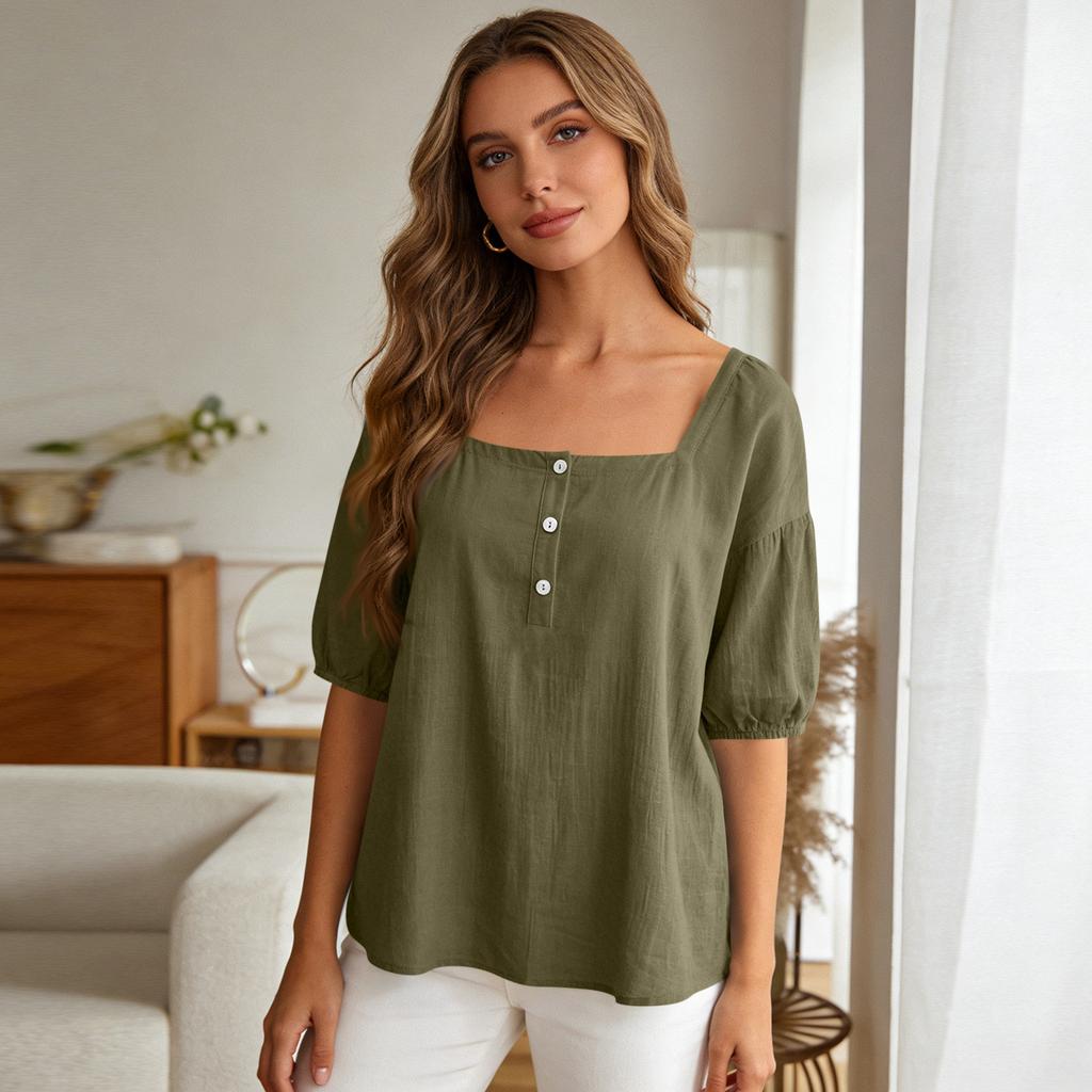 Damen Sommer Mode Farbe Quadratischer Kragen Knopf Fünf Viertel Ärmel Hemd Lässiger Pullover Top
