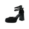 3359-22 Fashion and Sexy Strap Square Head Thick Heel Single Shoes Women's British Style Black High Heels One-word Belt Women's Shoes