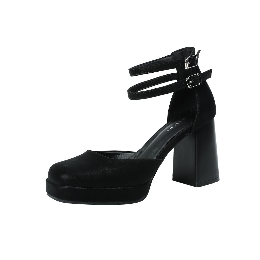 3359-22 Fashion and Sexy Strap Square Head Thick Heel Single Shoes Women's British Style Black High Heels One-word Belt Women's Shoes