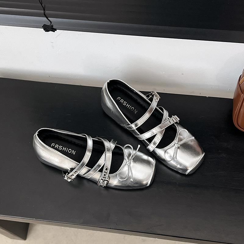 French women's ballet shoes summer new retro bow inner height increase single shoes cross strap Mary Jane shoes women