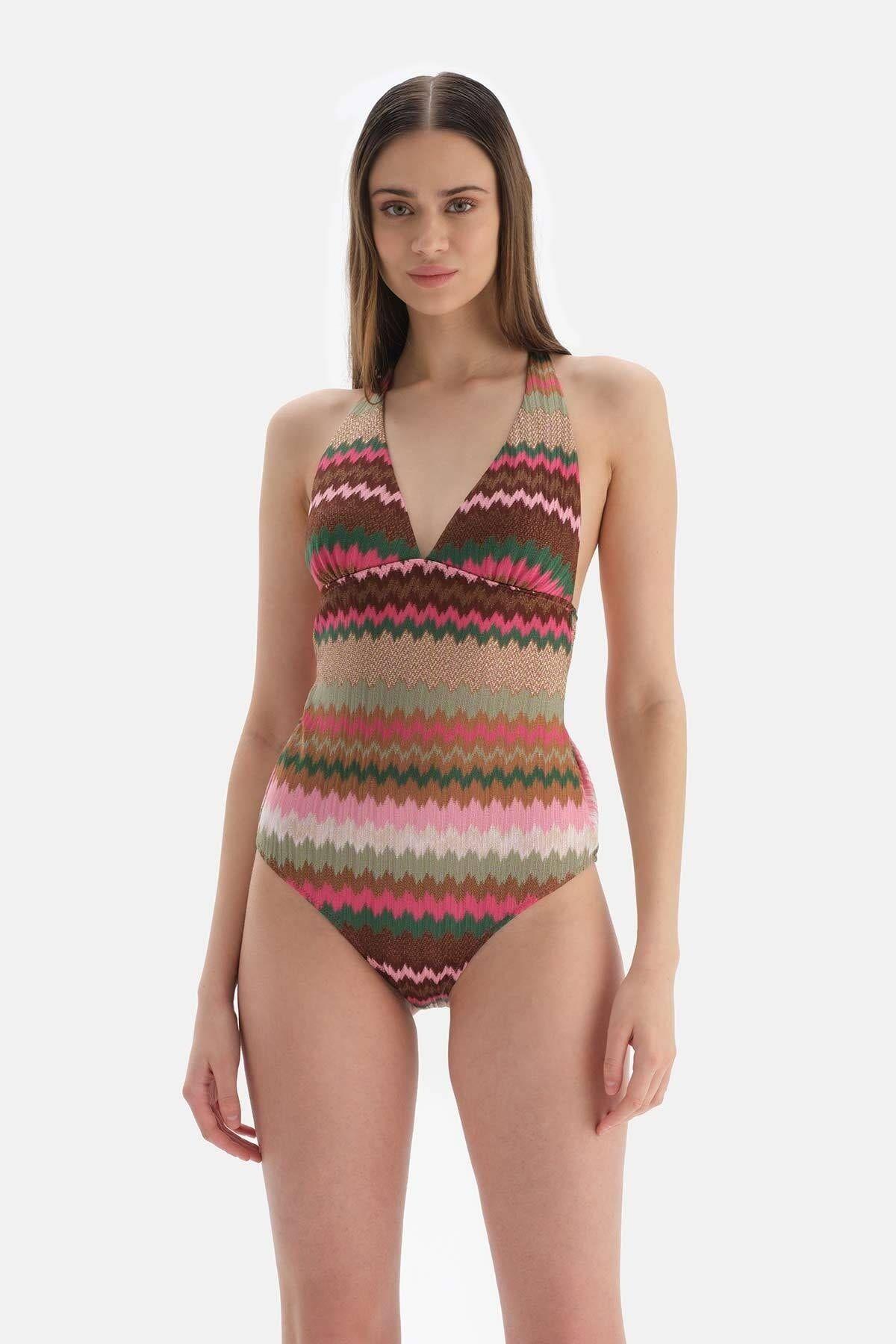 

Женский модный новый купальник цвета фуксии с вырезом через шею