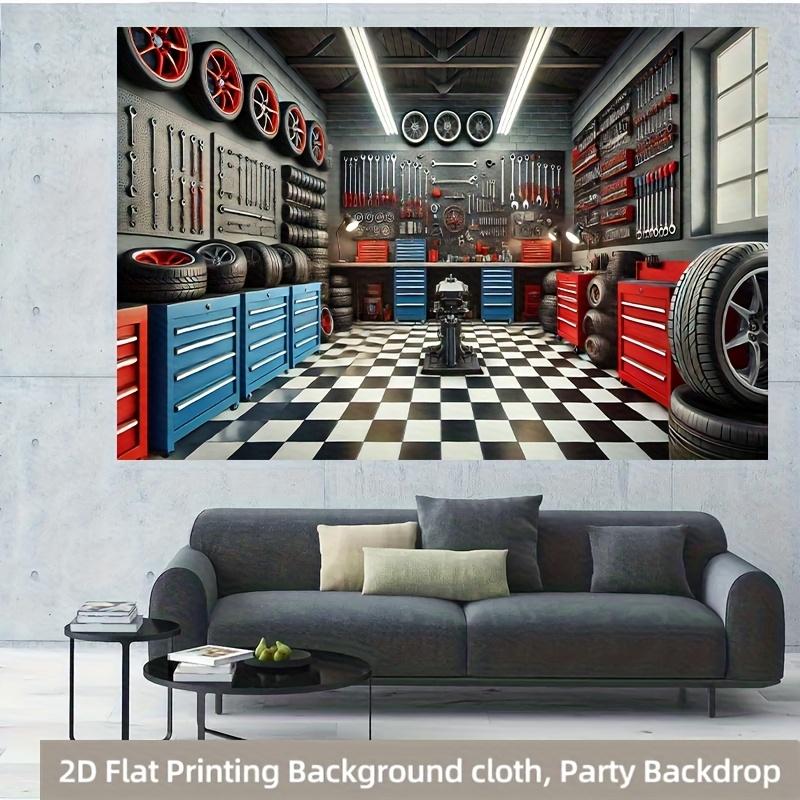 1 piece of 2D flat, retro auto repair shop, polyester photo background cloth, party banner pull-up flags, birthday supplies