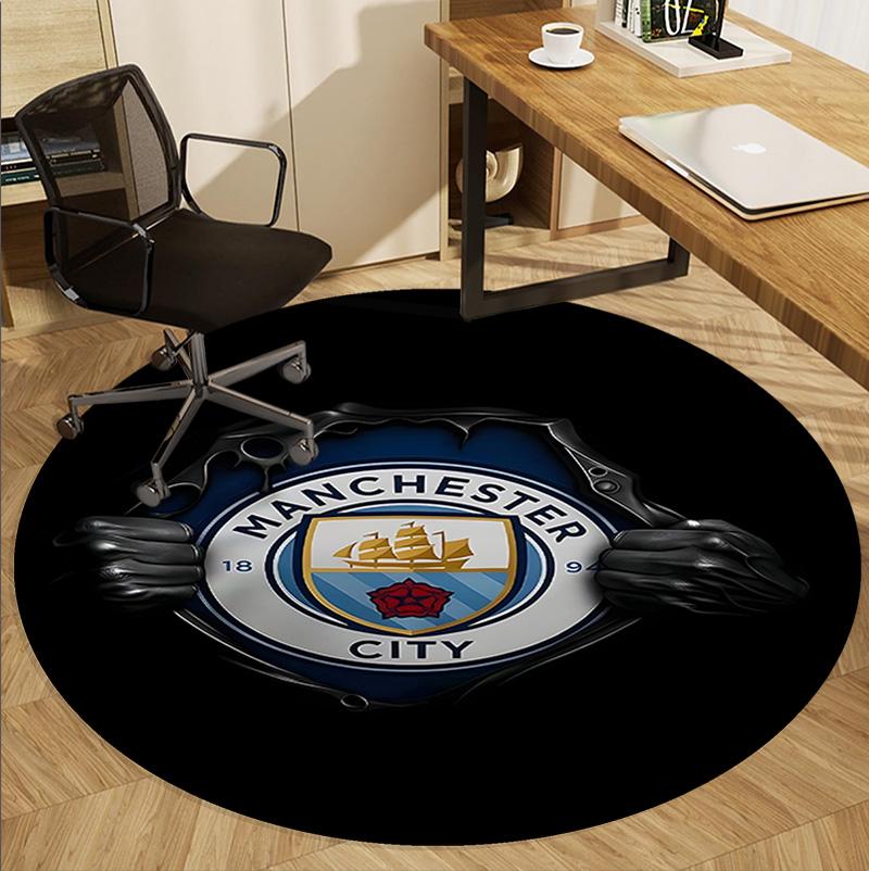 Manchester City FC Pattern Round Rug, Indoor/Outdoor Mat, for Picnic, Gameroom, Bedroom, Office, Living Room, Home Decor Carpet, Birthday Gift