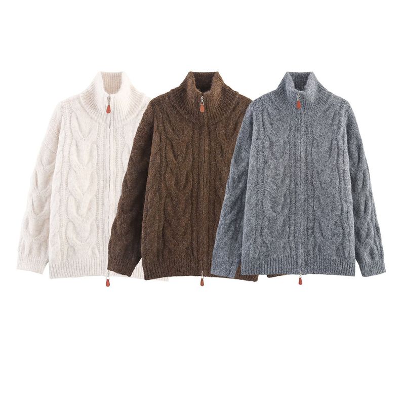 Kaslead New Women clothes Western Style Turtleneck Twist Double Start Zip-up Knit cardigan Sweater