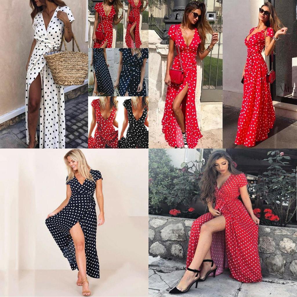 Stylish Womens Holiday Polka Dots Slit Maxi Dress Perfect For Summer Beach Outings