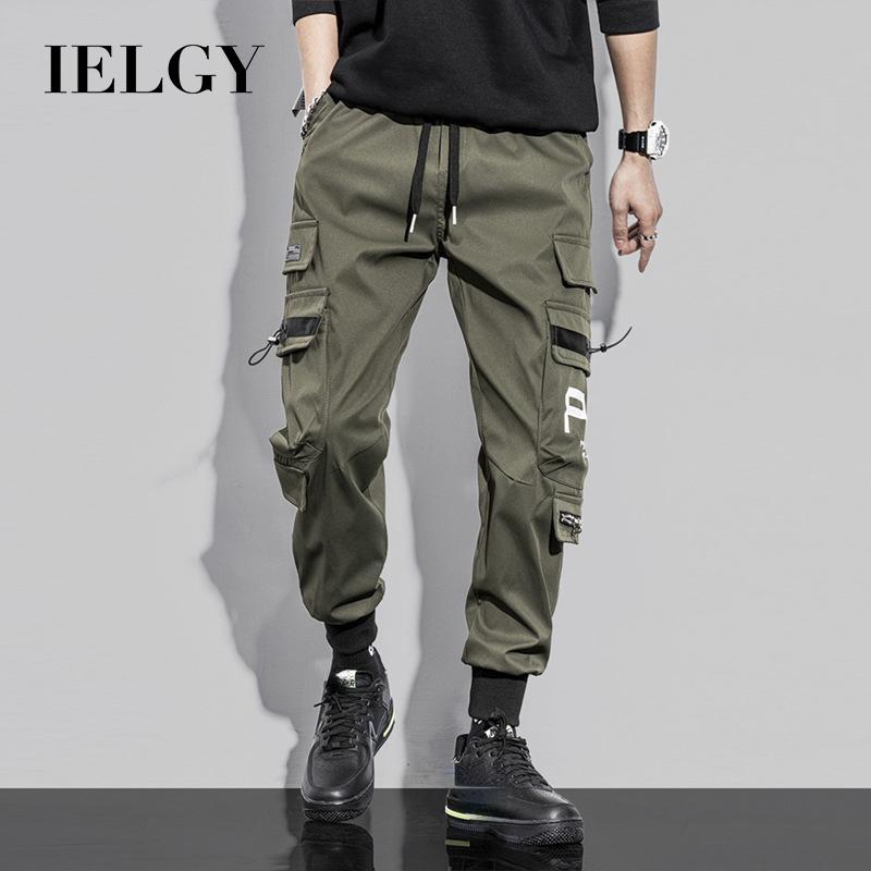 IELGY Men's Black Cargo Pants Multi-pocket Functional Wind Hip Hop Trend Loose